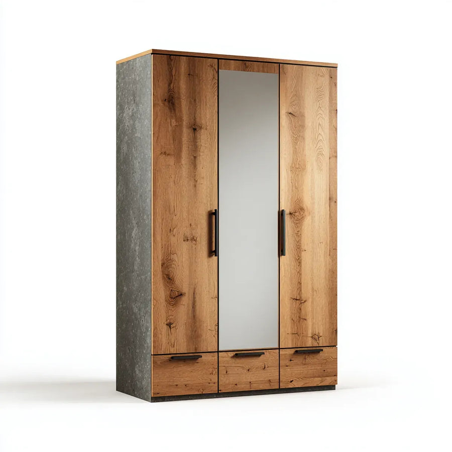 Armadio 3 ante con 3 cassetti rovere grigio cemento 150 x 60 x 200 cm pannelli truciolari rettangolare