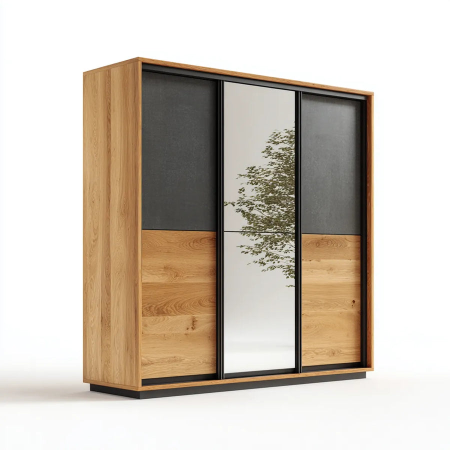 Armadio guardaroba a 3 ante scorrevoli rovere naturale nero con specchio 180 x 60 x 220 cm